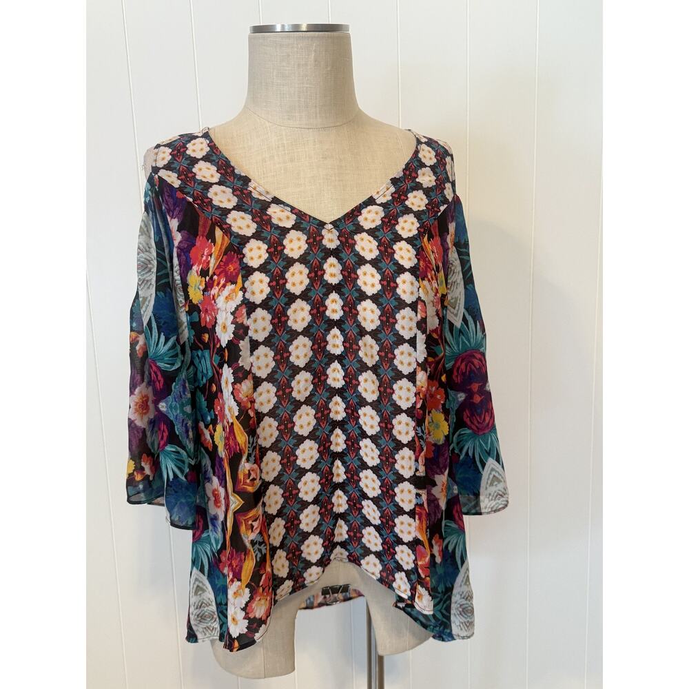 Nicole by Nicole Miller Blouse Womens Large Multicolor Sheer Floral Boho Top - Picture 2 of 10